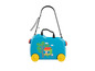 Une valise bleue avec des roulettes et un motif Peppa Pig.