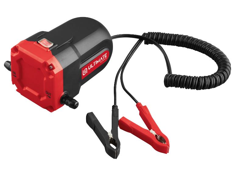 Pompe de transfert d'huile noire et rouge avec marquages IN et OUT, câbles et pinces de batterie.