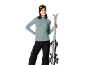 Femme en tenue de ski avec skis, lunettes de ski et bonnet.