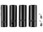 Quatre douilles noires pour écrous de 17mm, 19mm, 21mm, 22mm et deux balais de charbon.
