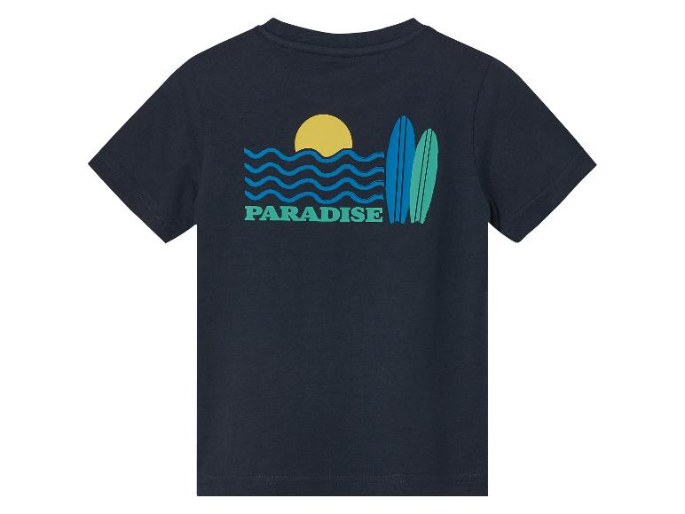 T-shirt marine à manches courtes avec impression de planches de surf et de soleil.