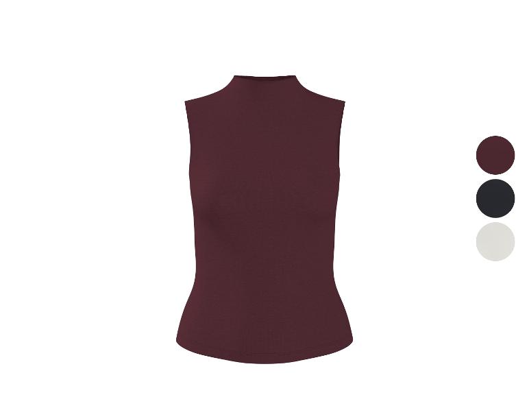 Haut sans manches à col montant bordeaux, avec options de couleur noir et blanc.