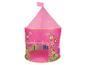 Tente de jeu rose pour enfants en forme de château, avec motifs floraux et de papillons.