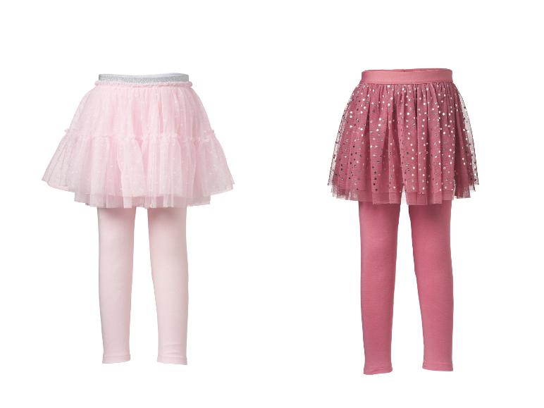 Deux ensembles leggings et jupes en tulle pour enfants : rose clair et rose foncé à pois argentés.
