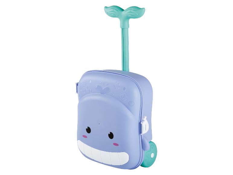 Valise à roulettes pour enfants en forme de baleine violette avec poignée et roues turquoise.