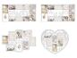 Quatre cadres photo blancs avec les mots 'FAMILY', 'MEMORIES', 'LIVE LAUGH LOVE' et un en forme de cœur.