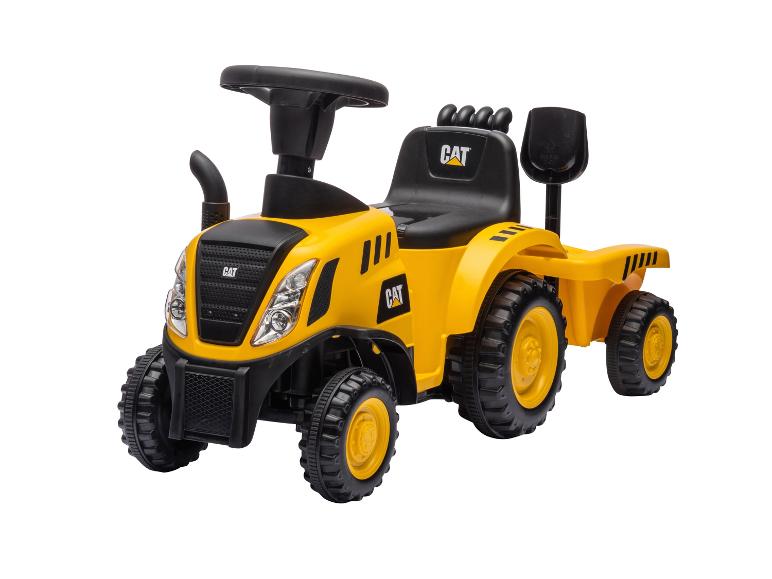 Tracteur jouet jaune avec remorque et pelle, avec siège noir et volant.