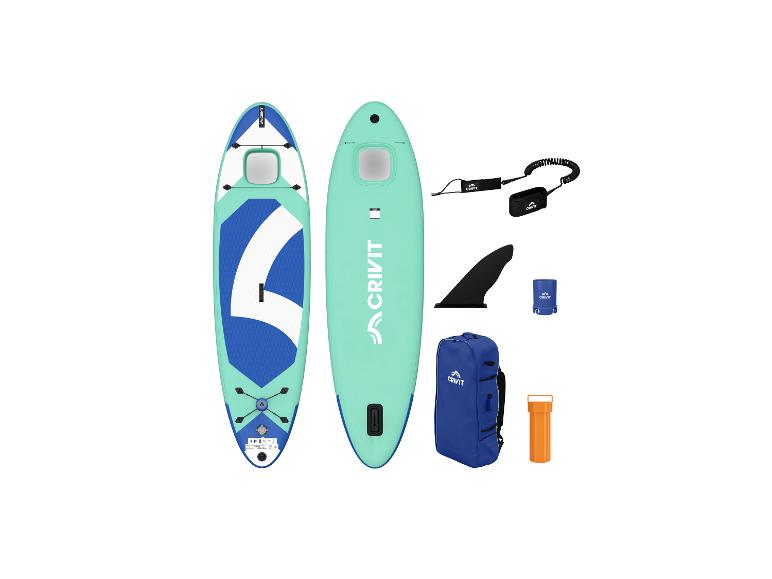 Planche de SUP bleue et menthe avec accessoires, incluant aileron, laisse, sac et conteneur.