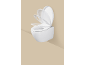 Toilettes suspendues avec abattant et couvercle ouverts sur fond beige.