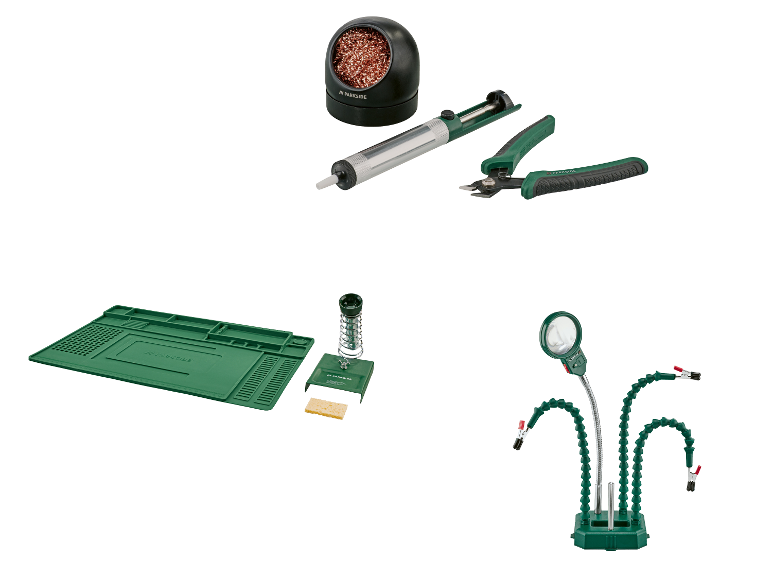 Ensemble d'accessoires de soudure comprenant une pompe à dessouder, des pinces coupantes et une station de maintien.