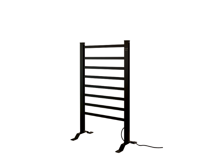 Sèche-serviettes électrique noir autoportant avec huit barres et commandes
