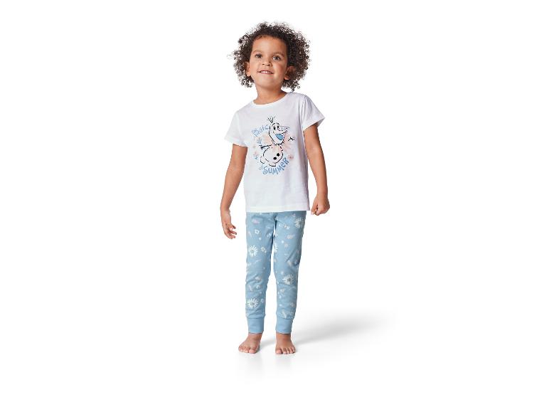 Pyjama enfant Disney La Reine des Neiges : haut blanc, bas bleu clair à fleurs.