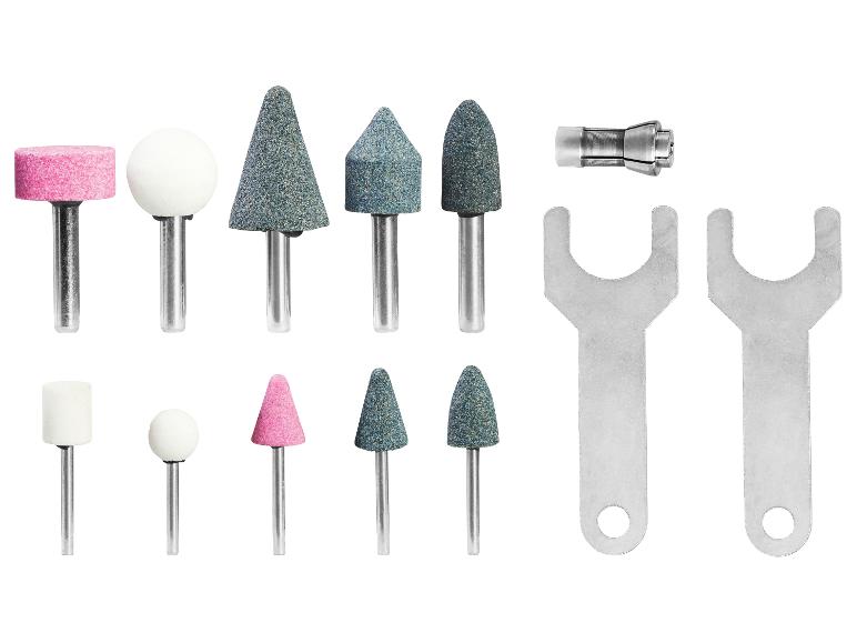 Ensemble d'accessoires de meulage pour outil rotatif, comprenant des pierres à meuler et des clés.