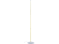 Une lampe de sol blanche, mince et verticale avec une lumière jaune vif.