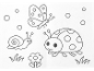 Page de coloriage avec une coccinelle, un papillon, un escargot, une fleur et de l'herbe.