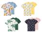 Quatre ensembles de t-shirts pour enfants: dinosaures, citrons, tricératops et fraises.