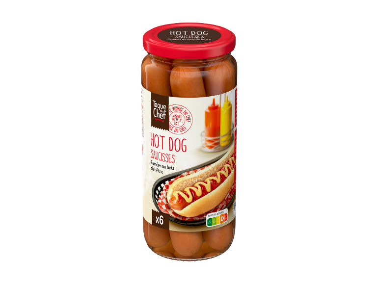 Bocal de saucisses hot dog fumées, 6 pièces, avec Nutri-Score.