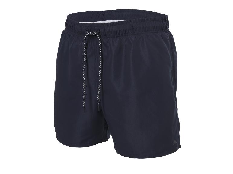 Short de bain homme bleu marine avec cordon de serrage sur fond blanc.