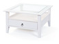 Table basse blanche avec plateau en verre et tiroir