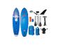 Deux planches de paddle bleues avec accessoires : pagaies, pompe, aileron et sacs.