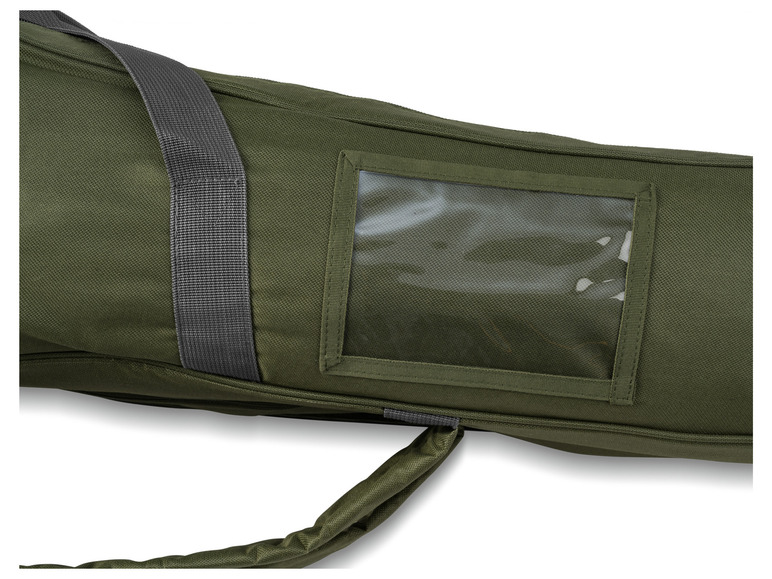 Sac de transport vert avec une poche transparente pour l'identification.