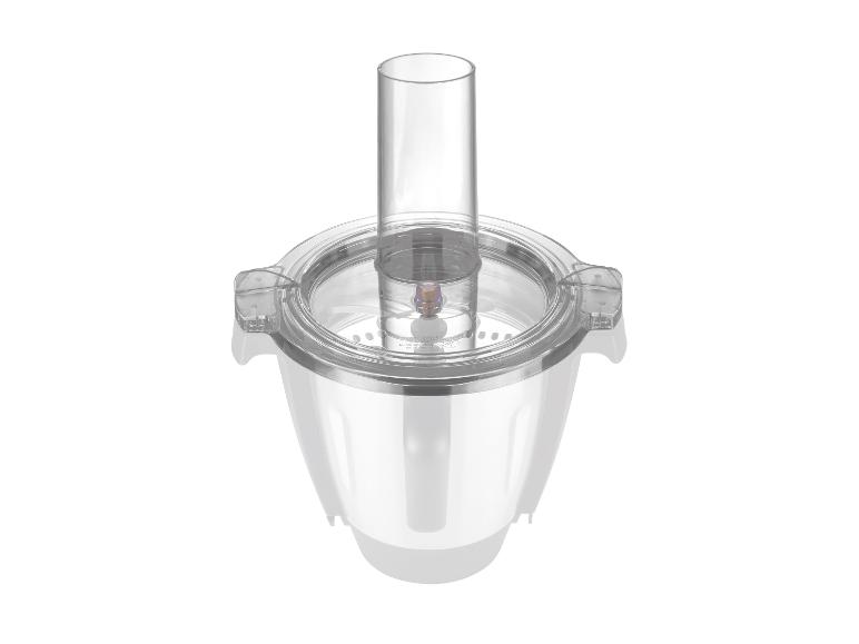 Un blender blanc avec un couvercle en verre et une tasse à mesurer transparente.