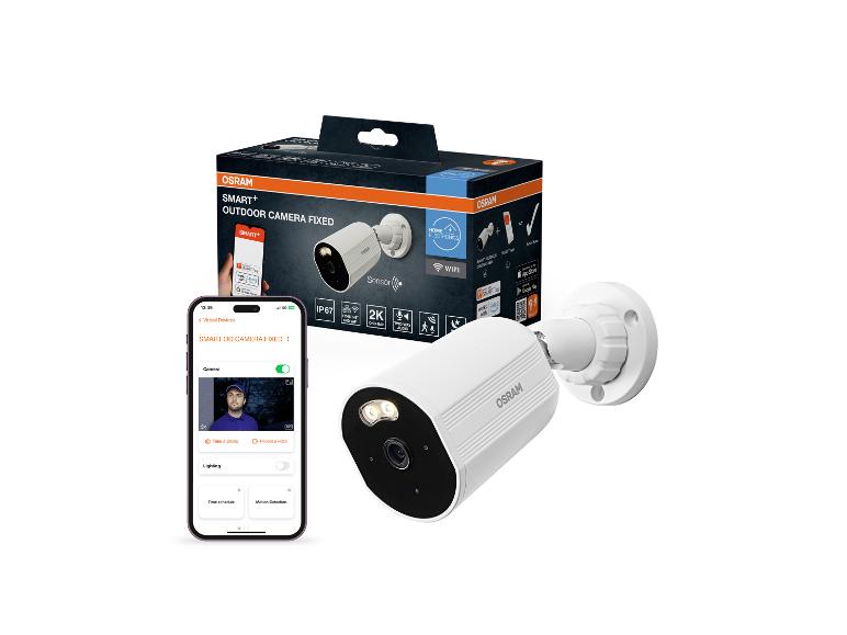 Caméra extérieure intelligente avec application smartphone et emballage.