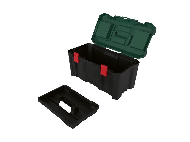 Boîte à outils noire et verte ouverte avec un plateau amovible