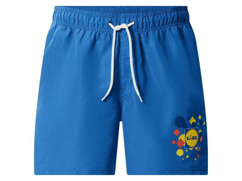 Short de bain bleu avec taille élastique et motifs géométriques colorés.