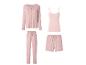 Ensemble de pyjama rose pâle comprenant un cardigan, un débardeur, un pantalon et un short.