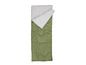 Un sac de couchage vert avec une doublure grise.