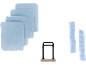 Quatre filtres rectangulaires bleu clair, un support en métal noir avec une base en bois et deux bandes de tissu bleu clair.