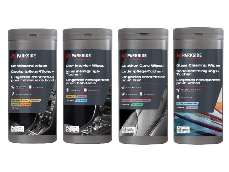 Quatre paquets de lingettes de nettoyage pour voiture : tableau de bord, intérieur, cuir et vitres.