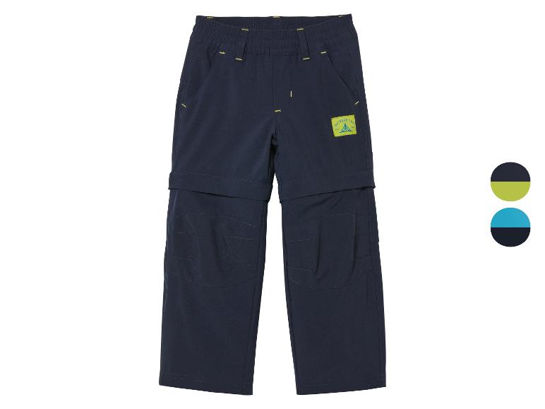Pantalon convertible bleu foncé pour garçon avec le logo 'Outdoor Fun'.