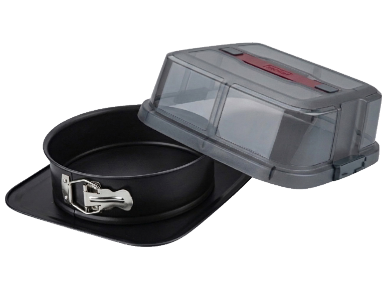 Moule à gâteau à charnière avec couvercle de transport transparent.