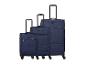 Trois valises souples bleu marine de tailles variées, avec poignées rétractables et roulettes pivotantes.