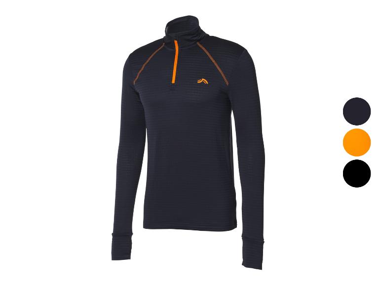 T-shirt à manches longues bleu foncé avec fermeture éclair et coutures orange.