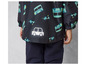 Une veste imperméable noire avec des motifs de bus et de scooters