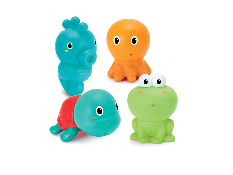 Jouets de bain : hippocampe, pieuvre, tortue et grenouille.