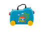 Une valise bleue à roulettes avec Peppa Pig.