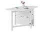 Table de cuisine pliante blanche avec rangement, décorée de bols et de fleurs.