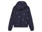 Un sweat à capuche bleu marine avec un motif de fleurs blanches.