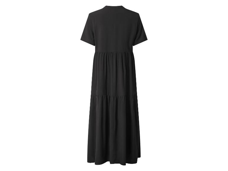 Robe longue noire à manches courtes avec jupe à volants, vue de dos.