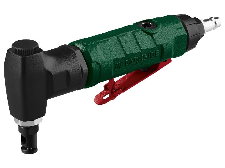 Meuleuse d'angle pneumatique PARKSIDE verte et noire avec gâchette rouge sur fond blanc.