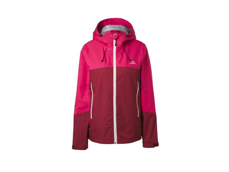 Veste d'extérieur bicolore rose et bordeaux pour femme avec capuche et fermeture éclair blanche.