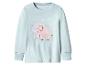 Un sweat-shirt enfant bleu clair avec un mammouth rose brodé et des flocons de neige.