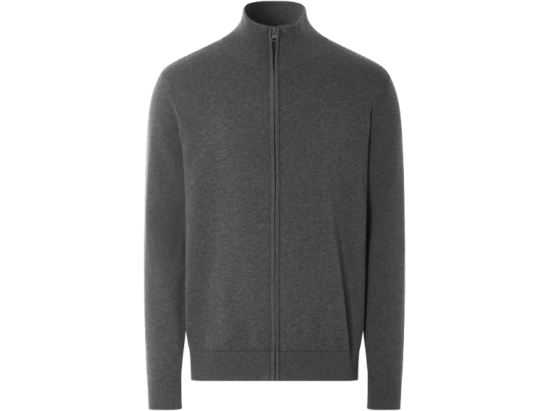 Veste en tricot gris pour homme avec fermeture éclair et col montant.