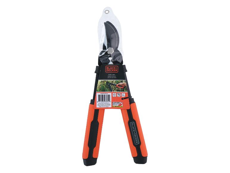 Sécateur de jardin noir et orange dans son emballage, pour couper les branches.