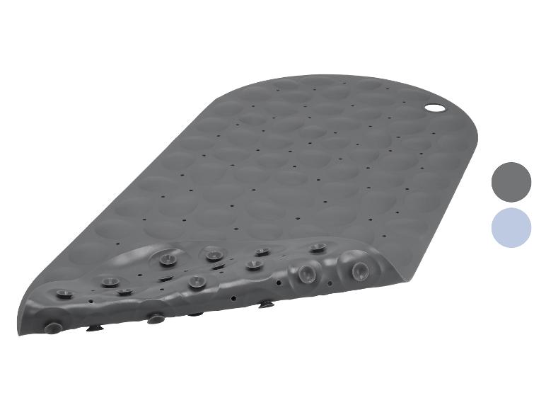 Tapis de bain antidérapant gris avec ventouses et trous de drainage, avec échantillons de couleur.
