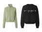 Deux sweatshirts : une veste zippée vert clair et un col rond noir avec texte blanc.